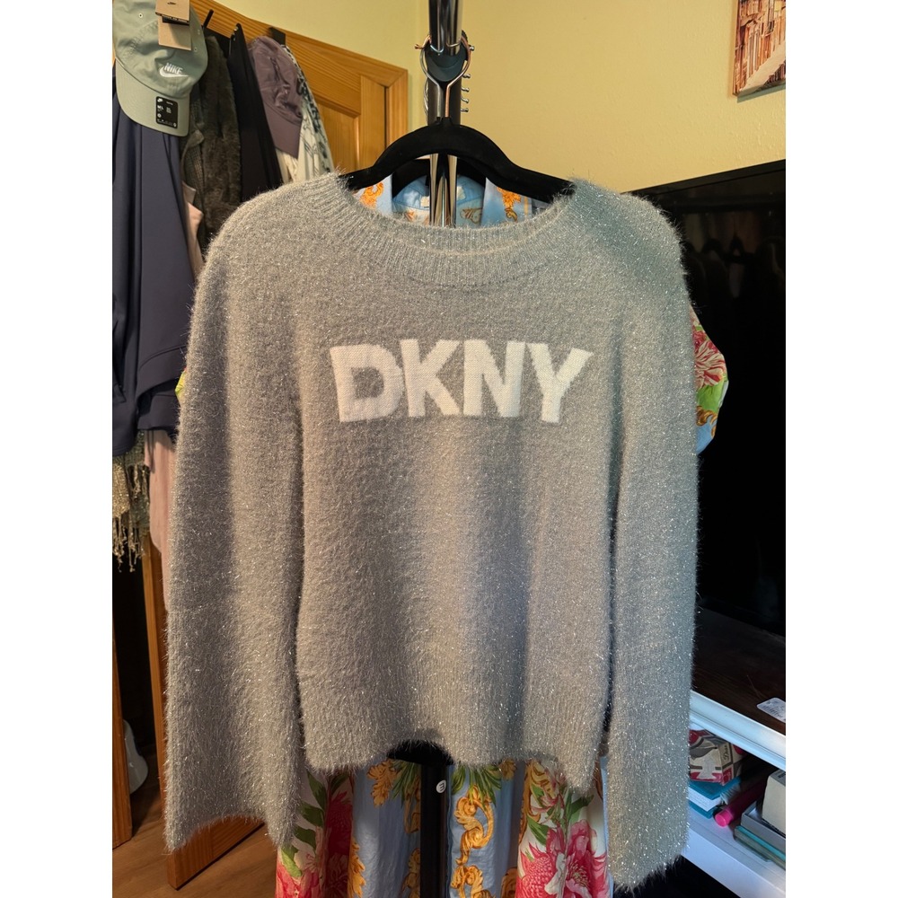 DKNY Jeans Womens Metallic Eyelash Knit Logo Sweater Grey DJ4R0504 Small
